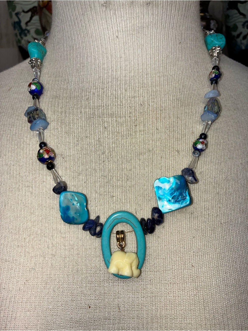 Turquoise Blue Women’s Necklace with Ivory Elephant Pendant